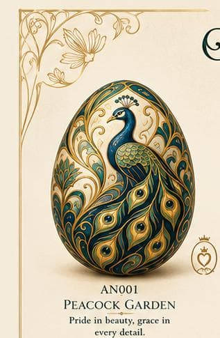 Art Nouveau decorative egg with a blue peacock and gold scrollwork