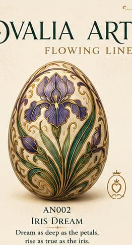 Art Nouveau decorative egg with tall purple iris flowers