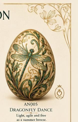 Art Nouveau decorative egg with a dragonfly and golden botanical details