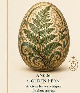 Art Nouveau decorative egg with green fern leaves and gold scrollwork