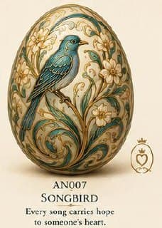 Art Nouveau decorative egg with a teal bird and white blossoms