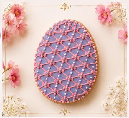 Lilac egg-shaped cookie with pink lattice icing