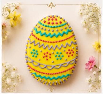 Yellow egg-shaped cookie with colorful piped icing patterns