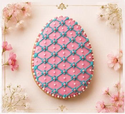 Pink egg-shaped cookie with turquoise lattice icing