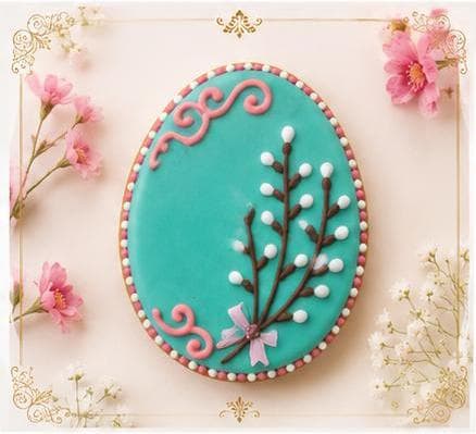 Turquoise egg-shaped cookie with blossom branches