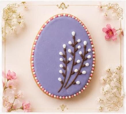 Lilac egg-shaped cookie with white blossom branches