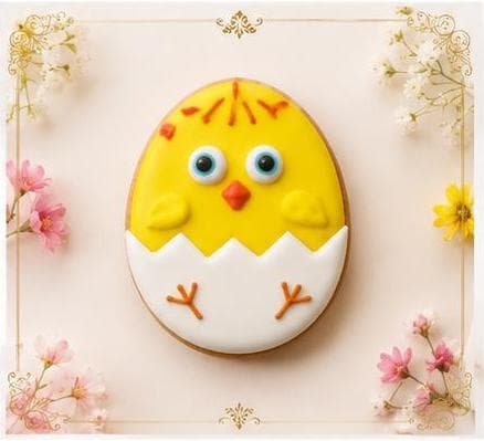 Yellow chick cookie hatching from a white eggshell