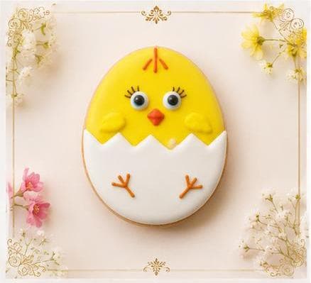 Yellow spring chick cookie sitting in a white eggshell
