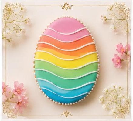 Egg-shaped cookie with pastel rainbow icing waves