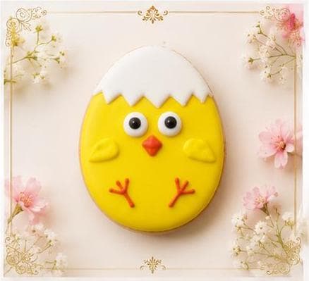 Yellow chick cookie wearing a cracked white eggshell hat